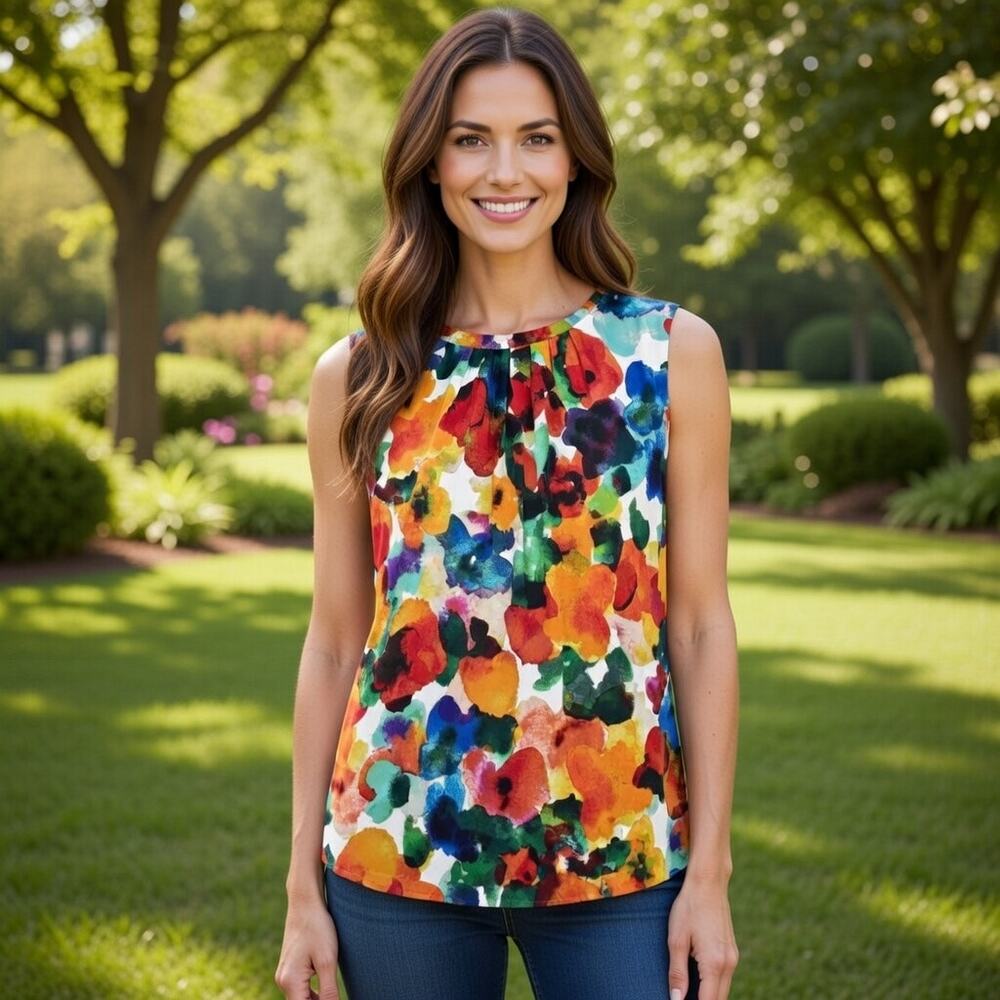 Marvin Richards Womens Large Sleeveless Floral Blouse Multicolor Top